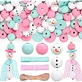 Whaline 213Pcs DIY Christmas Snowman Wooden Bead Crafts DIY Ornaments Pink Blue Bead Snowman Body Beads with Twine Scarf Ribbon for Winter Xmas Farmhouse Decor, Holiday Party Supplies