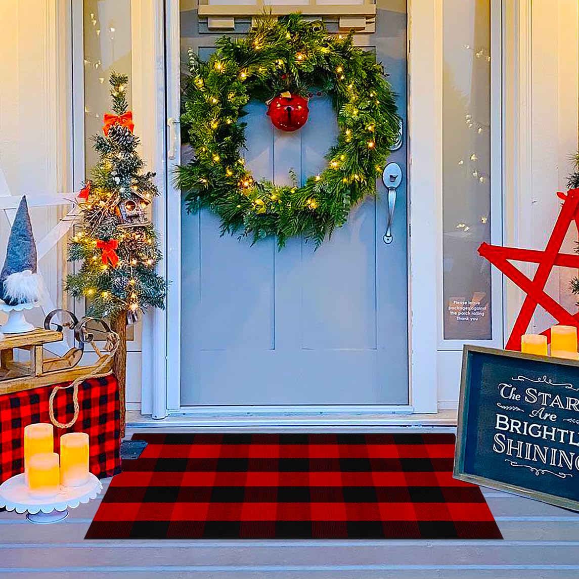 Photo 1 of **NO MAT ONLY BOW**Ckorzen Red Green and White Plaid Rug, 28" x 43" Christmas Front Porch Outdoor Rug, Handwoven Cotton Washable Rug for Layered Door Mats, Holiday Entryway and Home Décor
