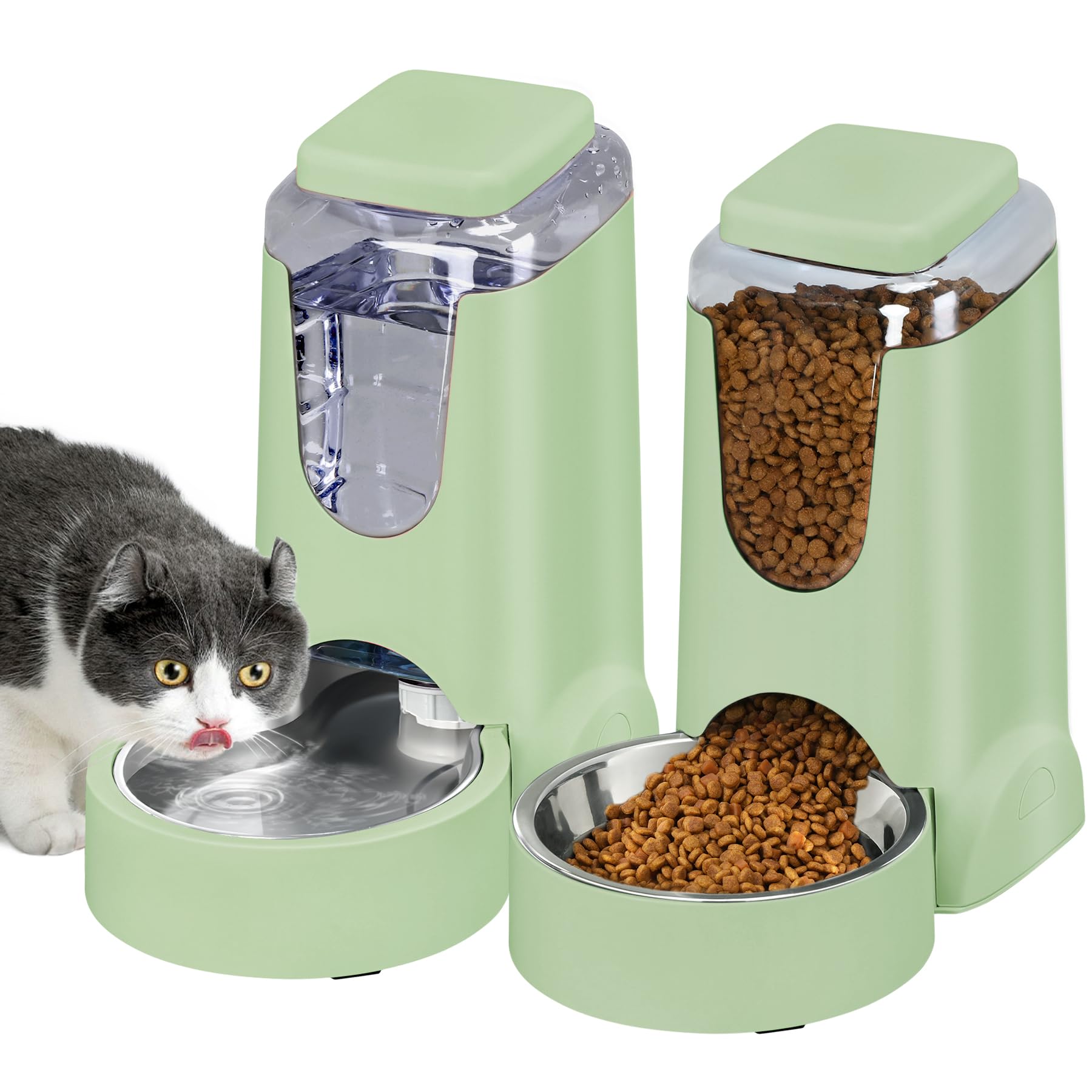 Photo 1 of 1 Pack Automatic Cat Feeder and Stainless Steel Water Dispenser, Gravity Dog Waterer Set Food Feeder and Waterer Set for Small Medium Kitten Puppy Pets(1 Gallon x 2, Green)