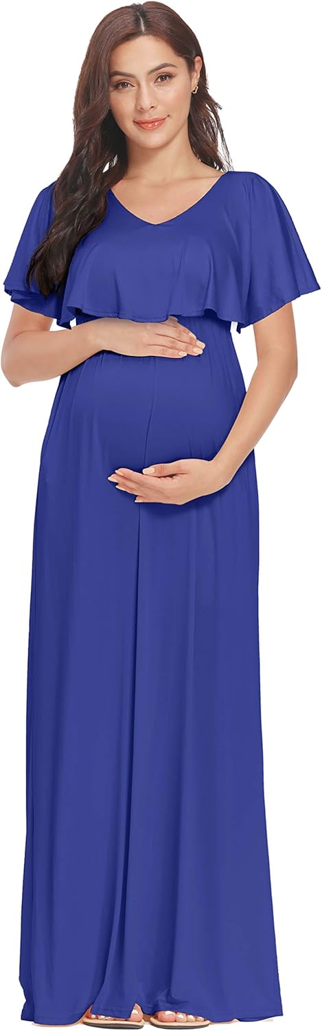 2 Style V-Neck or Off Shoulder Ruffle Maternity Maxi Dress with Pockects for Photoshoot or Baby Shower at  Women’s Clothing store