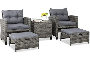 Shintenchi 5 Pieces Patio Furniture Set, Outdoor Wicker Patio Conversation Set with Ottoman, All Weather Rattan Outside Chairs with Coffee Table & Cushion for Porch, Garden, Backyard, Gray