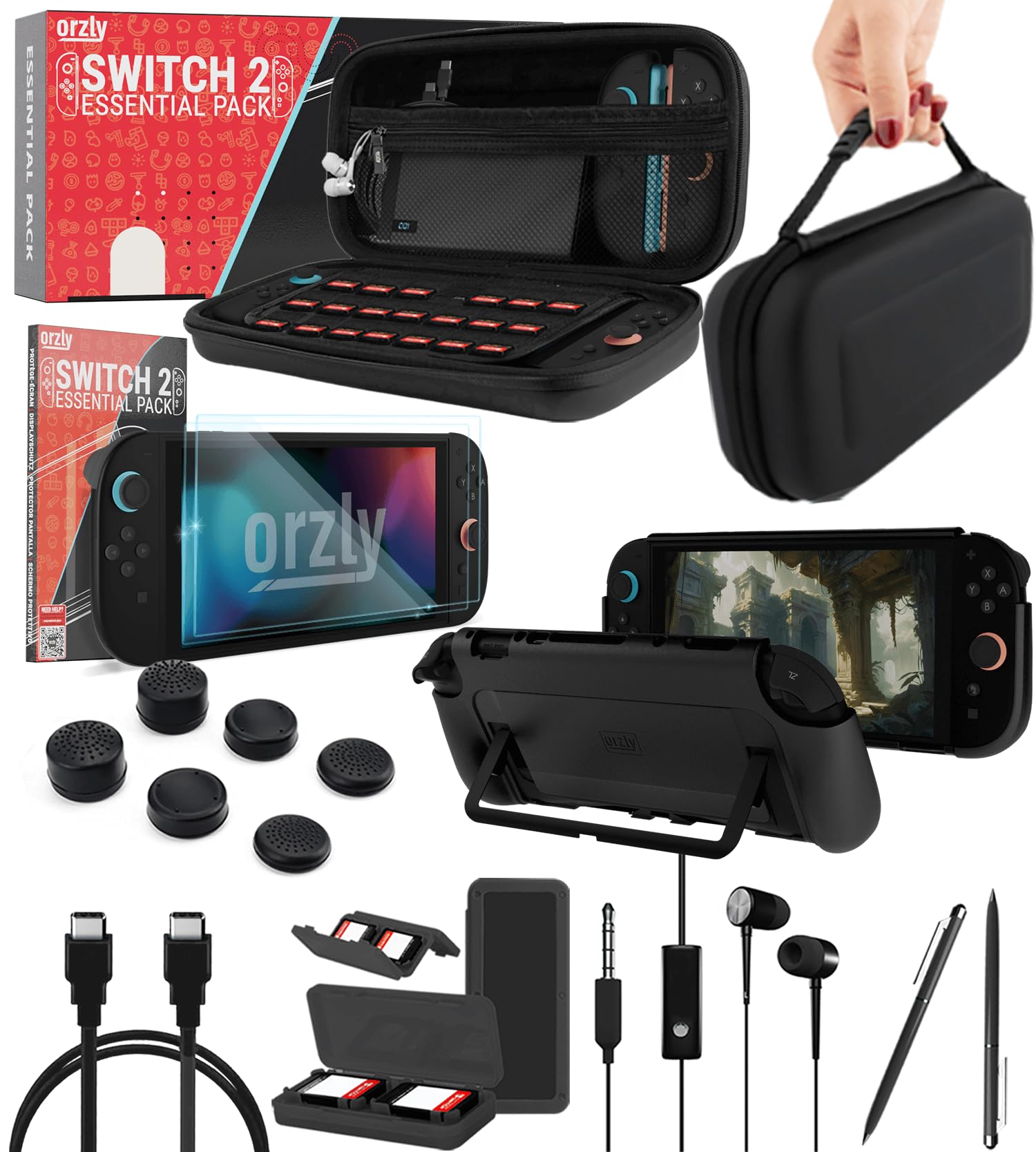 Orzly Switch 2 Accessories Bundle Carry Case & Screen Protector for Nintendo Switch 2 (2025) Console, TravelCase, Screen Protection, Grip Case, USB-C Cable, Games Holder, Headphones, Thumbgrips Image