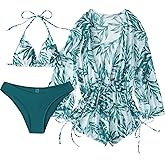 SHENHE Women's 3 Piece Bikini Swimsuit Halter Drawstring Bathing Suit with Cover Up