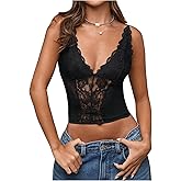 SHENHE Women's Mesh Lace Bustier Corset Top Deep V Neck Spaghetti Strap Fitted Crop Cami Tank