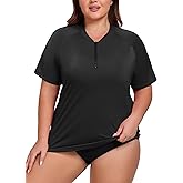 ForHailey Women's Plus Size Short Sleeve Rash Guard Swim Shirt UPF 50+ Sun Protection Zip Swimsuit Tops 1XL-5XL