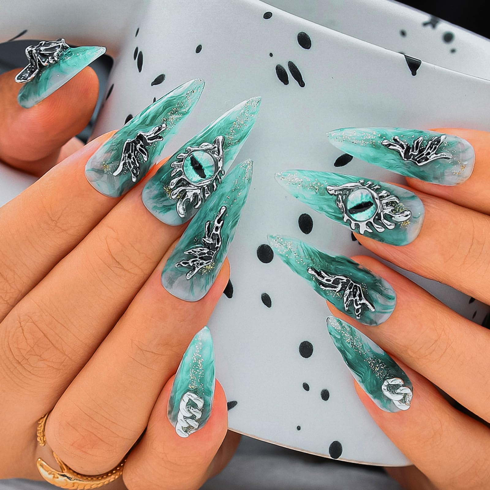 Sethexy Long Stiletto Handmade Press On Nails Acrylic Glitter False Nails Gothic Devil's Eye Fake Nails Salon Stick On Nails for Women and Girls 10PCS (2)