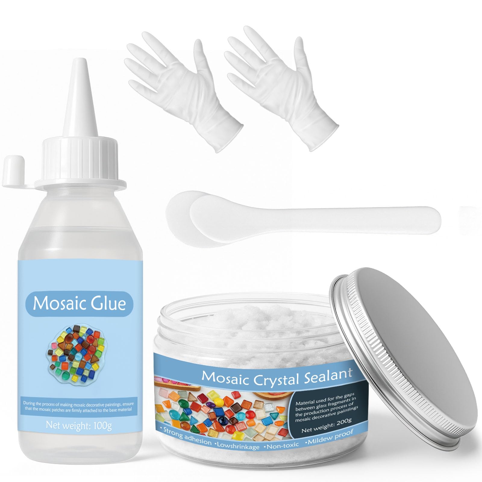 DINGSEN Mosaic Kit, Includes Mosaic Glue and Grout, Applicator, Gloves, Perfect for Making Home Decoration, DIY Crafts, Handmade Gifts (White Grout)