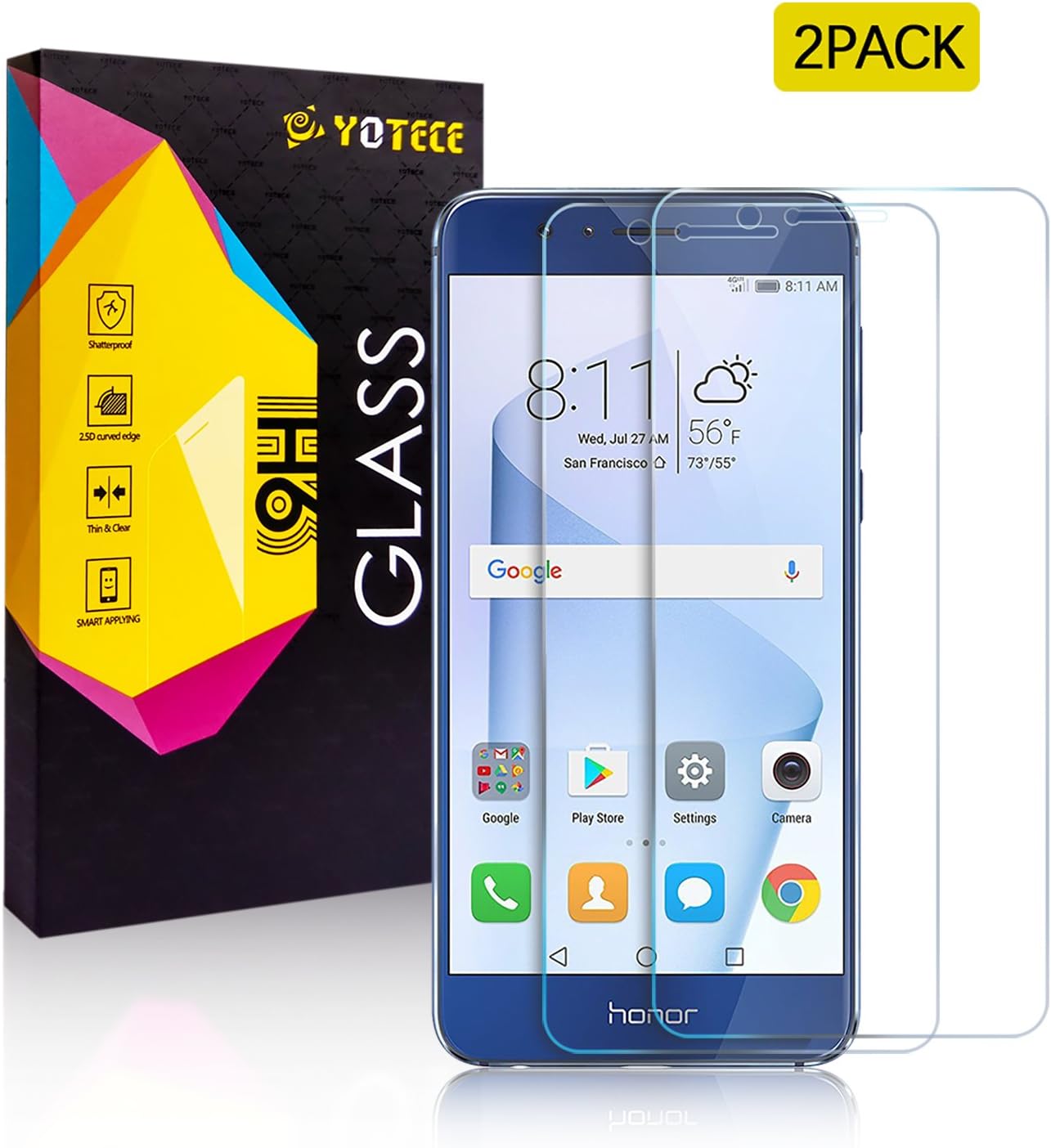 Huawei Honor 8 Screen Protector Tempered - Glass YOTECE Premium Anti-glare Ballistic, 3D Touch Film for Huawei Honor 8（2 pack), Anti-Scratch Anti-Fingerprint