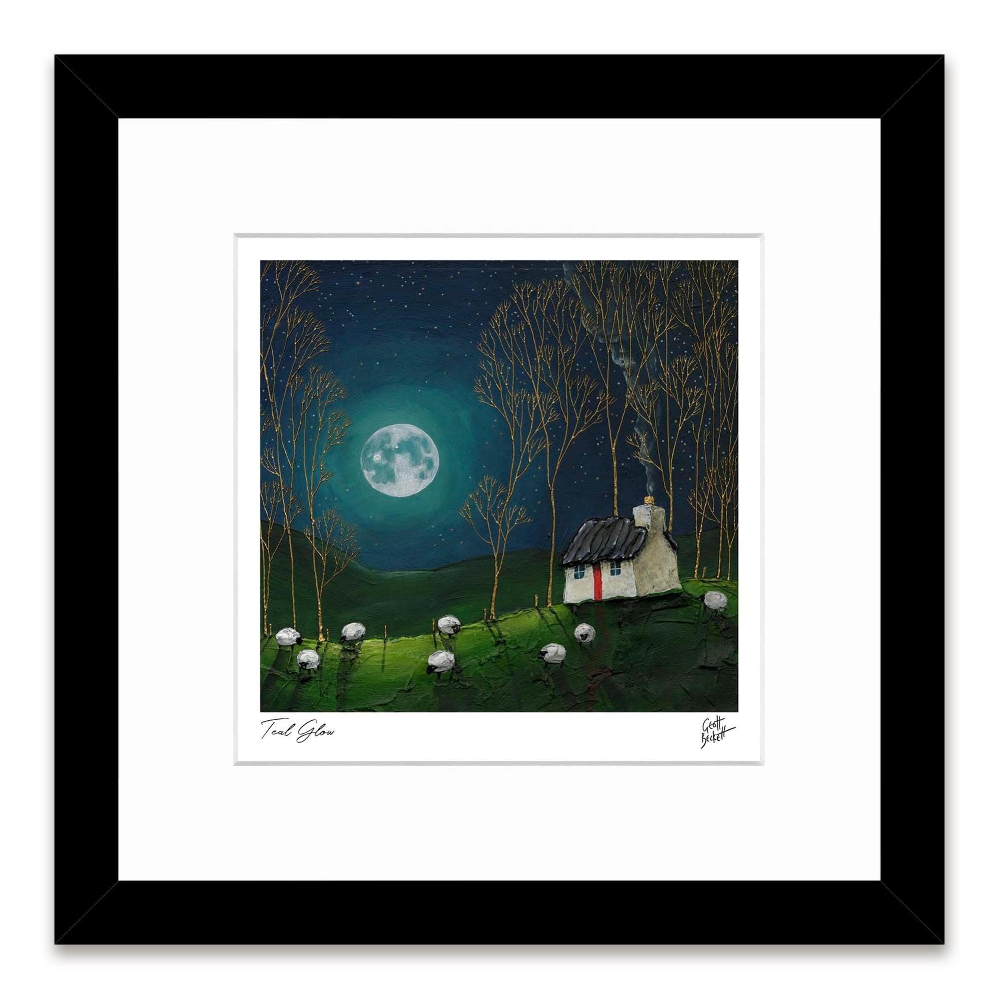 Artko Sheep & Cottage Framed Print Wall Art - 'Teal Glow' by Geoff Beckett - Moonlit Countryside Picture - Ready to Hang Home Décor - 33.5cm x 33.5cm