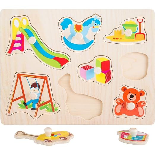 Wooden puzzle with seven puzzle pieces with toy motifs, practical