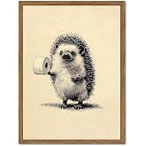 Cute Hedgehog Bathroom Wall Art Funny Hedgehog Holding Toilet Paper Wall Decor Painting, Vintage Animal Bathroom Poster Canvas Print Picture 16x24 inch Wood Framed