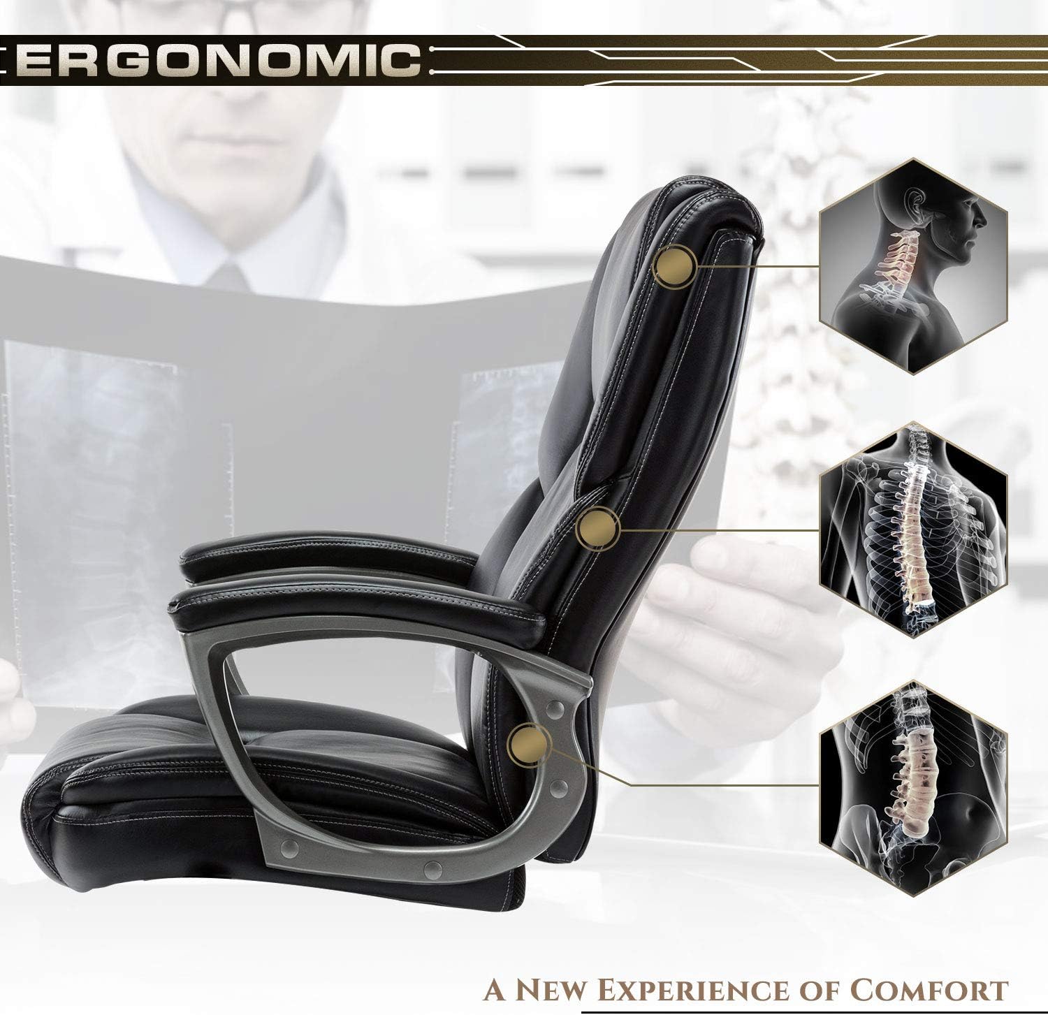 STARSPACE Bonded Leather Office Chair - Adjustable Lumbar Support Knob and Tilt Angle High Back Executive Computer Desk Chair, built-in inner spring For Comfort and Ergonomic Design For Lumbar Support: Office Products