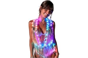 Wuwdysa Womens Led Light Up Sequin Fringe Vest Sparkly Fitted Jacket Cardigan Silver Shiny Glitter Tops Cowgirl Disco Party