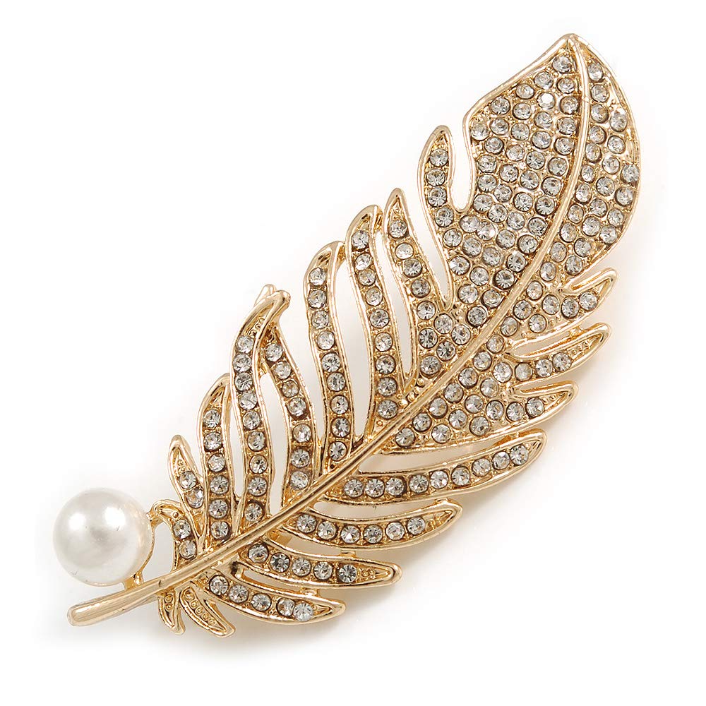 Clear Crystal White Pearl Feather Brooch/Pendant in Gold Tone - 65mm Long