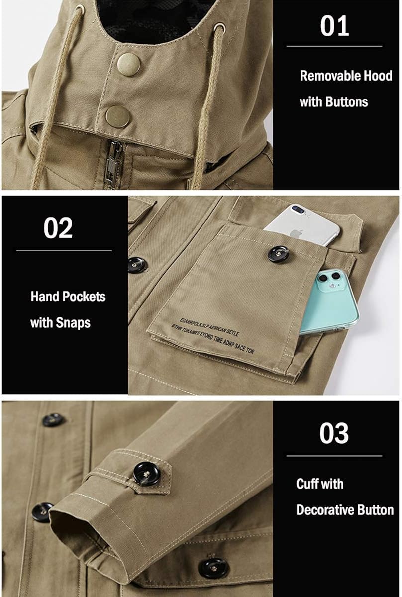 Vcansion Men's Cotton Military Windbreaker Jacket with Hood Trench Coat at  Men’s Clothing store