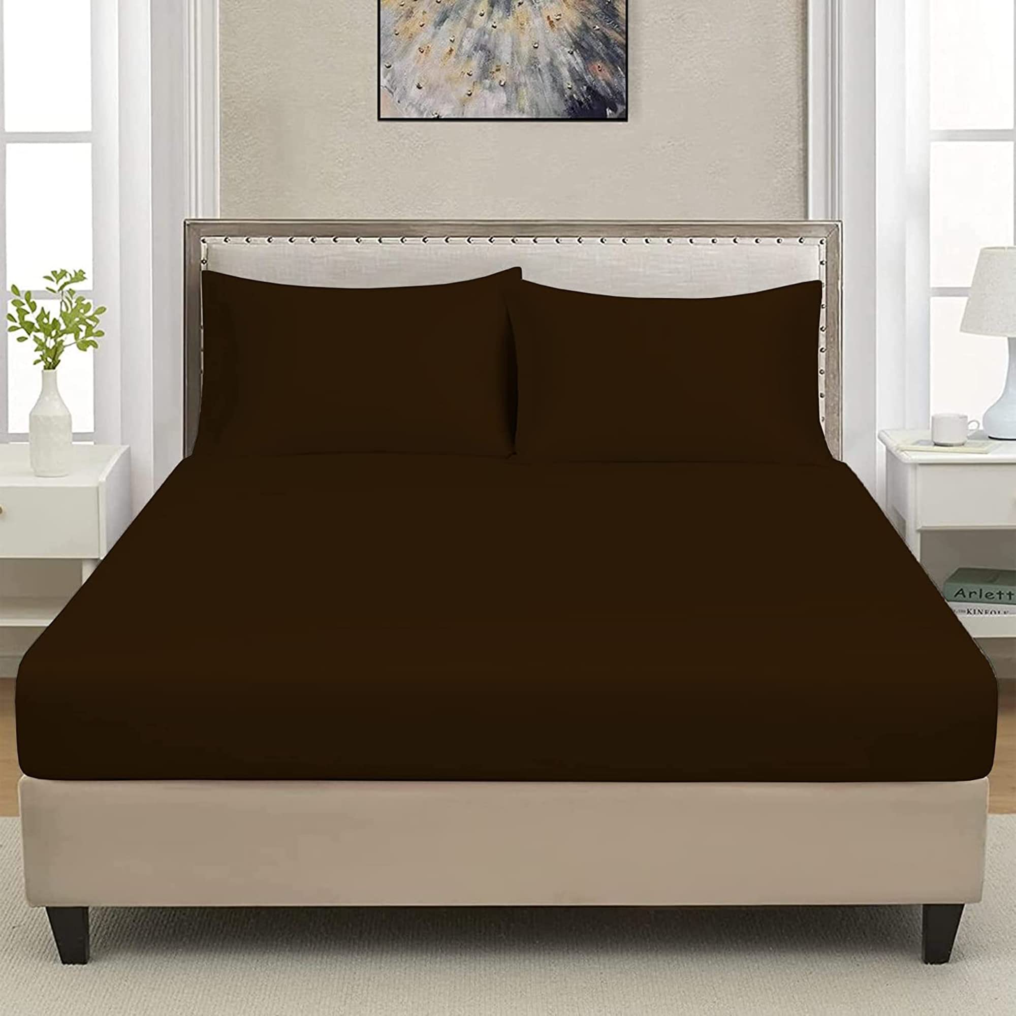 Extra Deep Luxuary Fitted Sheet 25cm Mattress Sheets 50% Cotton 50% Polyester By JRI® (Double, Chocolate Brown) — image 1