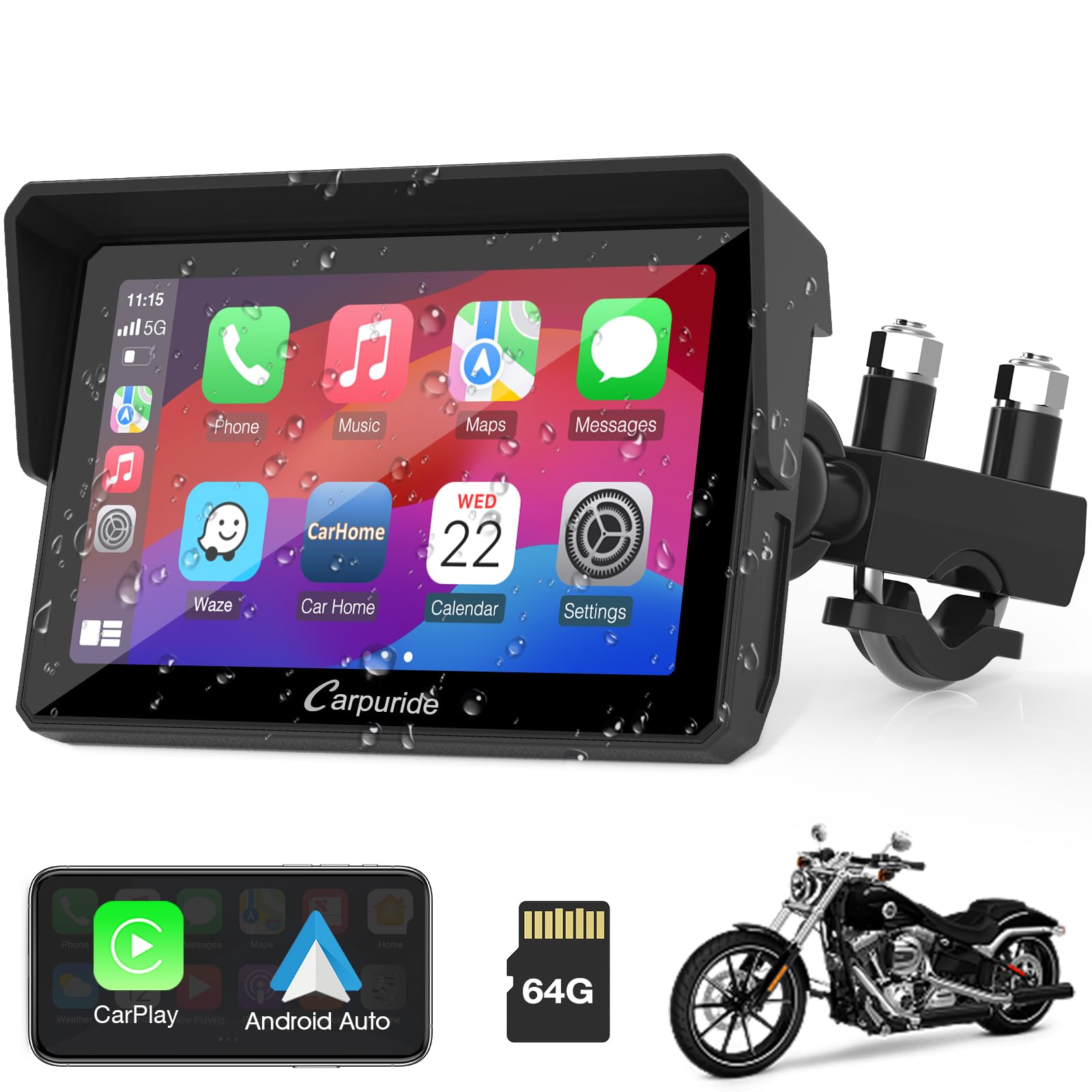 Carpuride W502 Motorcycle Carplay and Android Auto IP67 Waterproof Portable Car Stereo, 5" IPS Touch Screen with Dual Bluetooth, Navigation/Siri for Motorbike