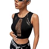 Floerns Women's Cut Out Sleeveless Round Neck Punk Rock Solid Ripped Crop Tank Top