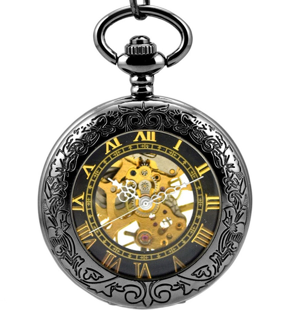 Feilok Steampunk Antique Black Roman Numerals Hand Wind Mechanical Pocket Watch Pendant Chain Magnifier Black Knight