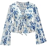 Floerns Women's Long Sleeve Peplum Tie Front V Neck Floral Mesh Ruffle Hem Babydoll Blouse Tops