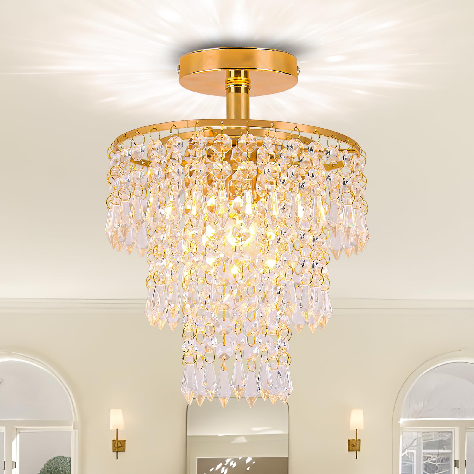FRIXCHUR Mini Crystal Chandelier Ceiling Light Fitting Hallway Lights Ceiling Light 3 Tiers Crystal Raindrop Chandelier for Bedroom Living Room Dining Room (Gold)