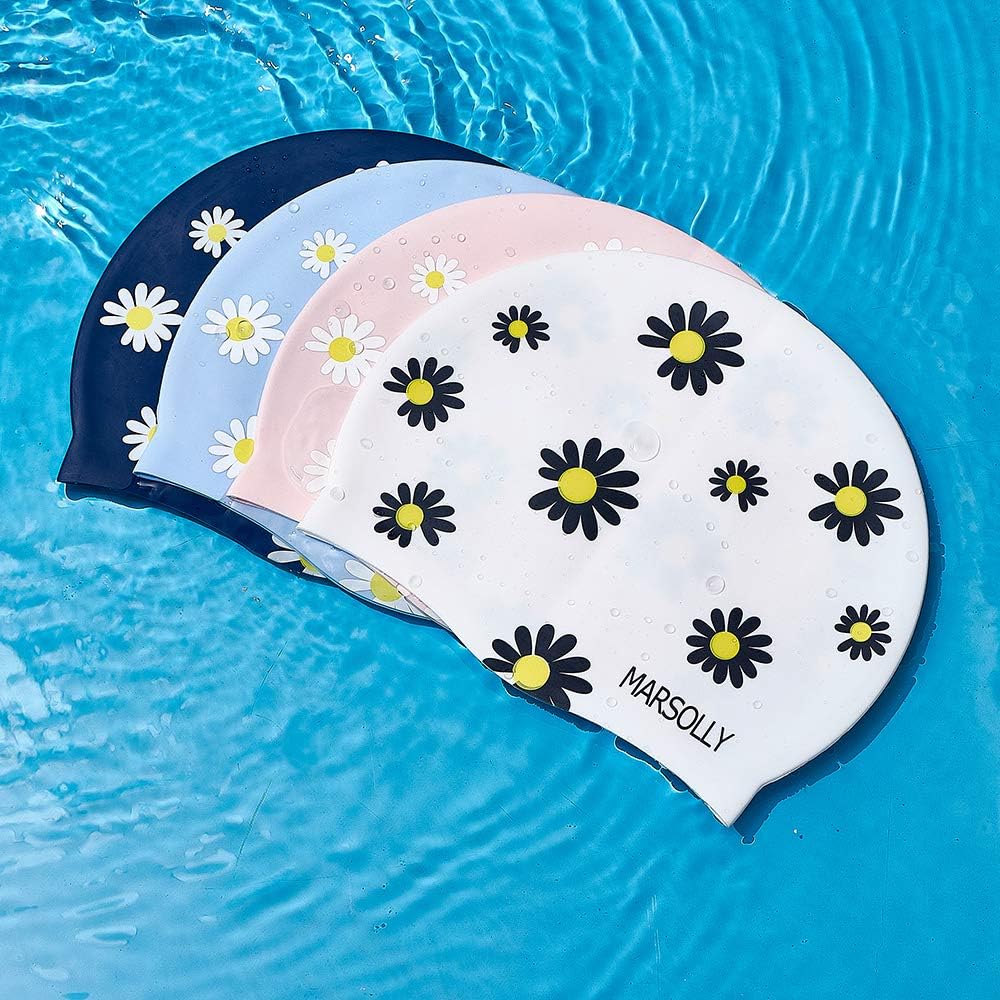 Marsolly Silicone Swim Cap for Women, Waterproof Long Hair Swimming Caps with Flower Printed : Sports & Outdoors