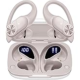 PocBuds Bluetooth Headphones Wireless Earbuds 80hrs Playtime Wireless Charging Case Digital Display Sport Ear Buds with Earhook Deep Bass IPX7 Waterproof Over-Ear Earphones for Phone Laptop Beige