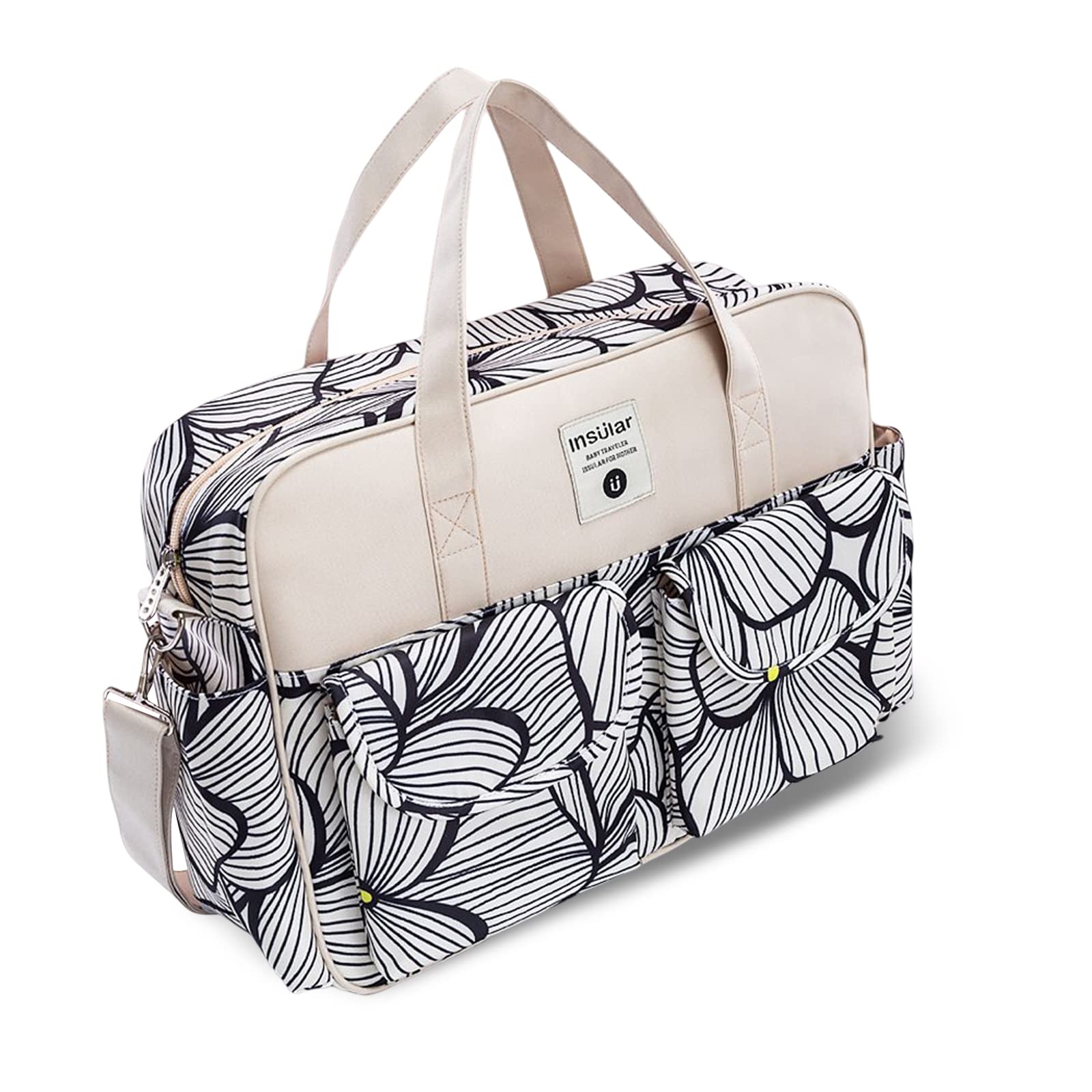 SONARIN Large Capacity Baby Nappy Tote Bag, Multi-Function Waterproof Baby Changing Satchel Messenger Travel Diaper Bag with Shoulder Strap & Changing Mat (Black & White Petals)