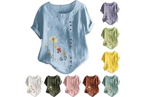 VOGFFR Short Sleeve Shirts for Women Summer Floral Print Tops Crewneck Button Up Shirts Loose Fit Cotton Linen Shirt 2025