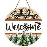Bolisom Welcome Winter Pine Tree Front Door Sign, Pine Cones Snowflake Wood Hanger Outdoor Outside Porch Home Decor, Farmhouse Rustic Christmas Wooden Wreath Indoor Wall Hanging Decoration