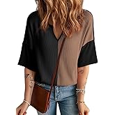 Dokotoo Womens Summer Tops Fashion 2026 Half Sleeve Waffle Knit Shirts Casual V Neck Colorblock Patchwork Blouse
