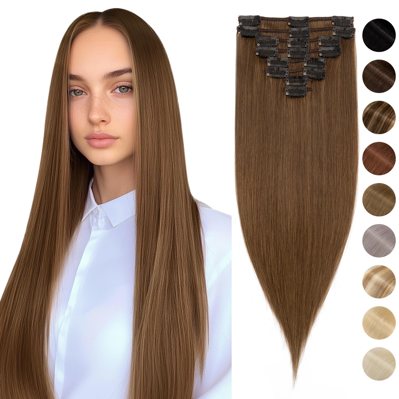18 Inch Natural Smooth Thin Thick Hair Extension 8 Strips Shiny Hair Extensions – 4 Brown