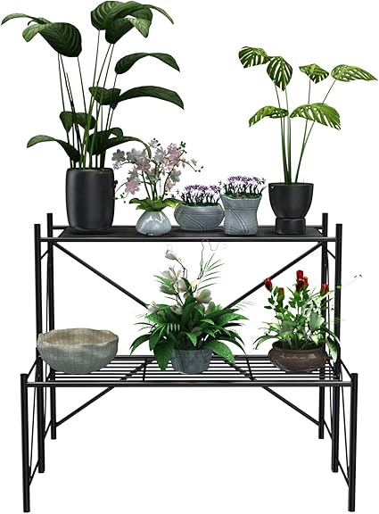 Amazon Com Mecor 2 Tier Metal Plant Stand Large Capacity Indoor Outdoor Flower Pot Holder Stand For Potted Plant Decorative Plant Rack For Home Garden Patio Balcony Yard Black Garden Outdoor