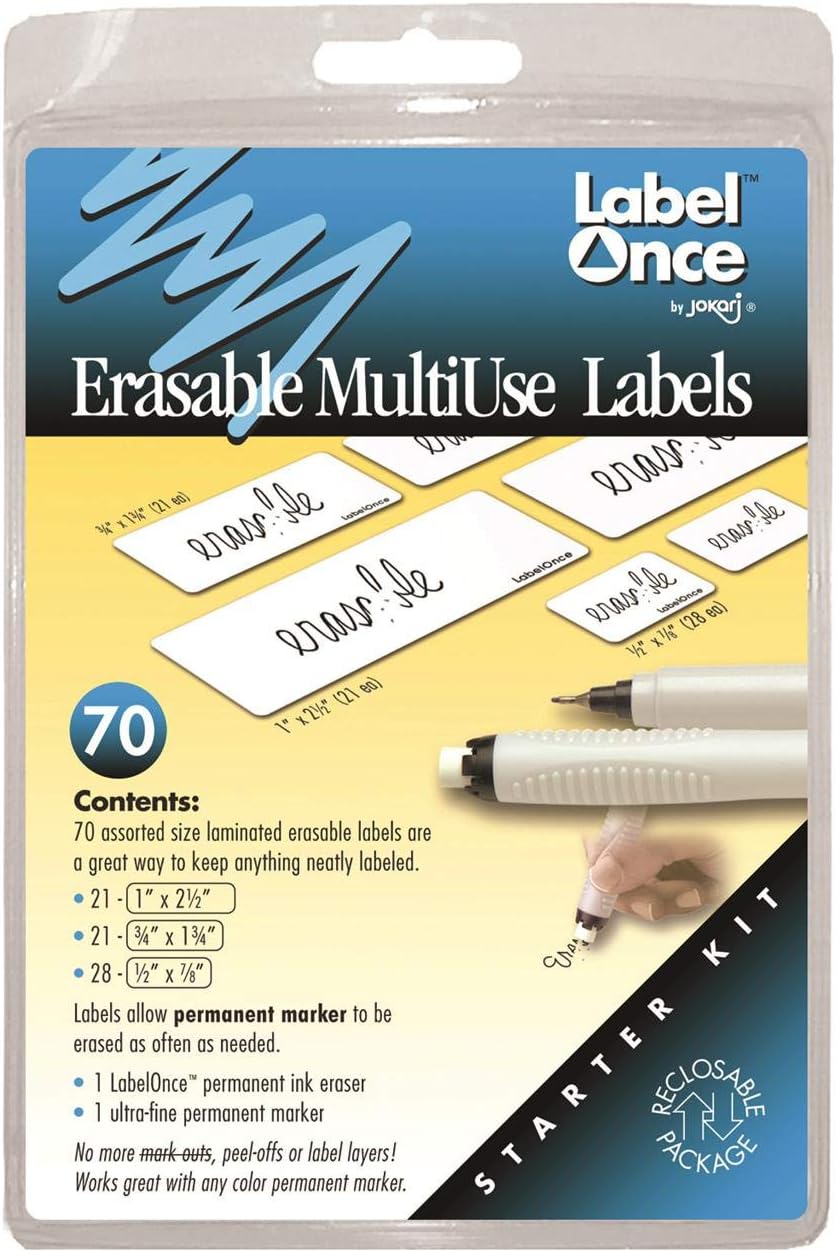 JOKARI47802 - Label Once Erasable Multi-Use Labels Starter Kit with 70 labels, Eraser and Pen