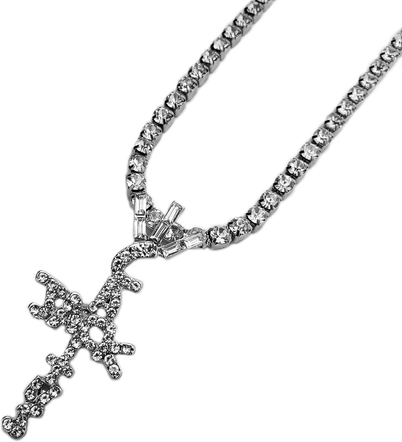 BLINGFACTORY Hip Hop Iced Crystal Cactus Jack Cross Pendant & 18" Rhinestone Chain Necklace