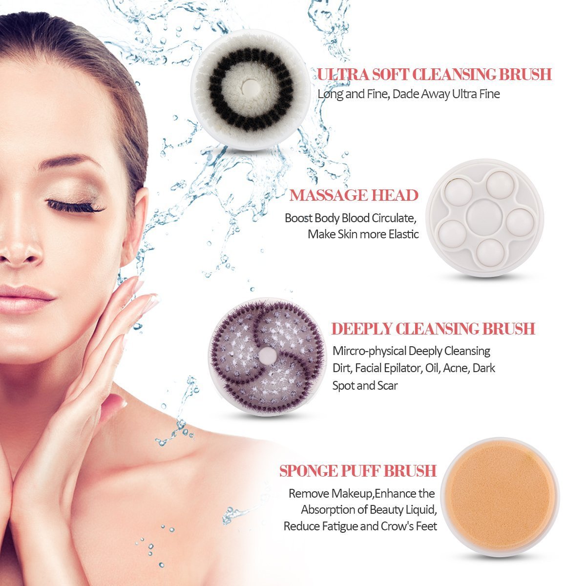 Zinnor Facial Brush 2 Speed Deep Cleansing Facial Brush Spin Brush with 4 Massager Brush Heads Remove Blackhead Cleansing System