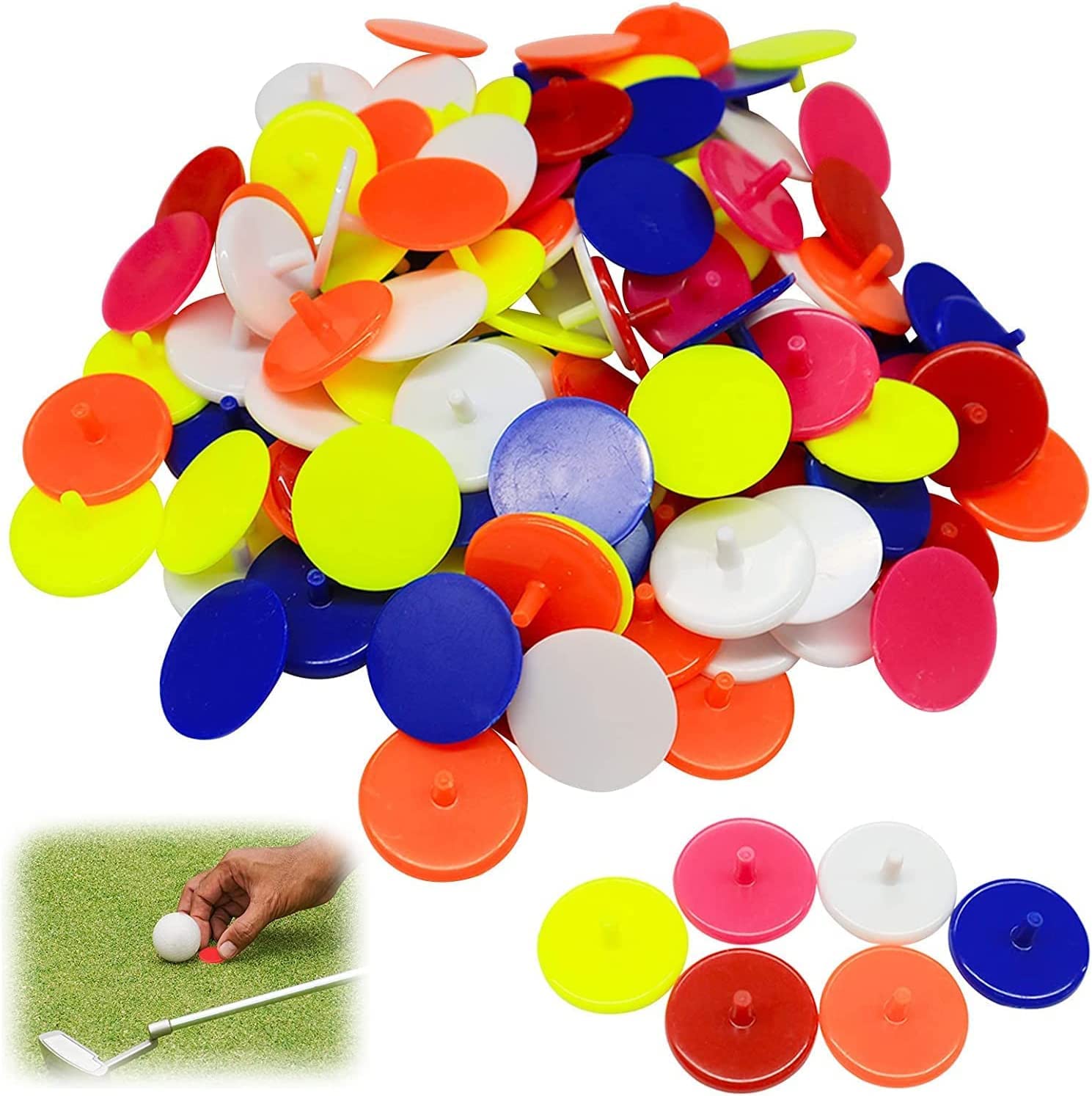 AMRTA Plastic Golf Ball Markers 100 pcs Round Flat Golf Ball Position Marker for Putting Green Coin,Diameter 25mm Mixed Color Golf Ball Mark Tool For Men Women Golfing(100 Pieces)