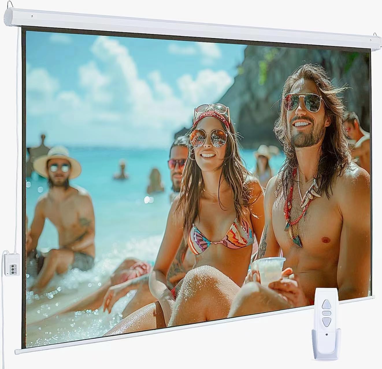 Photo 1 of 110" Motorized Projector Screen, Electric 4:3 Projector Screen with Remote Control, Indoor/Outdoor HD Movie Screen, Wall/Ceiling Mounted, Perfect for Home Office Theater TV, White