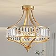 Modern Crystal Chandelier 4 Lights Gold Semi Flush Mount Ceiling Light Fixture E12 Base Farmhouse Chandelier for Dining Room Bedroom Hallway Entryway Kitchen