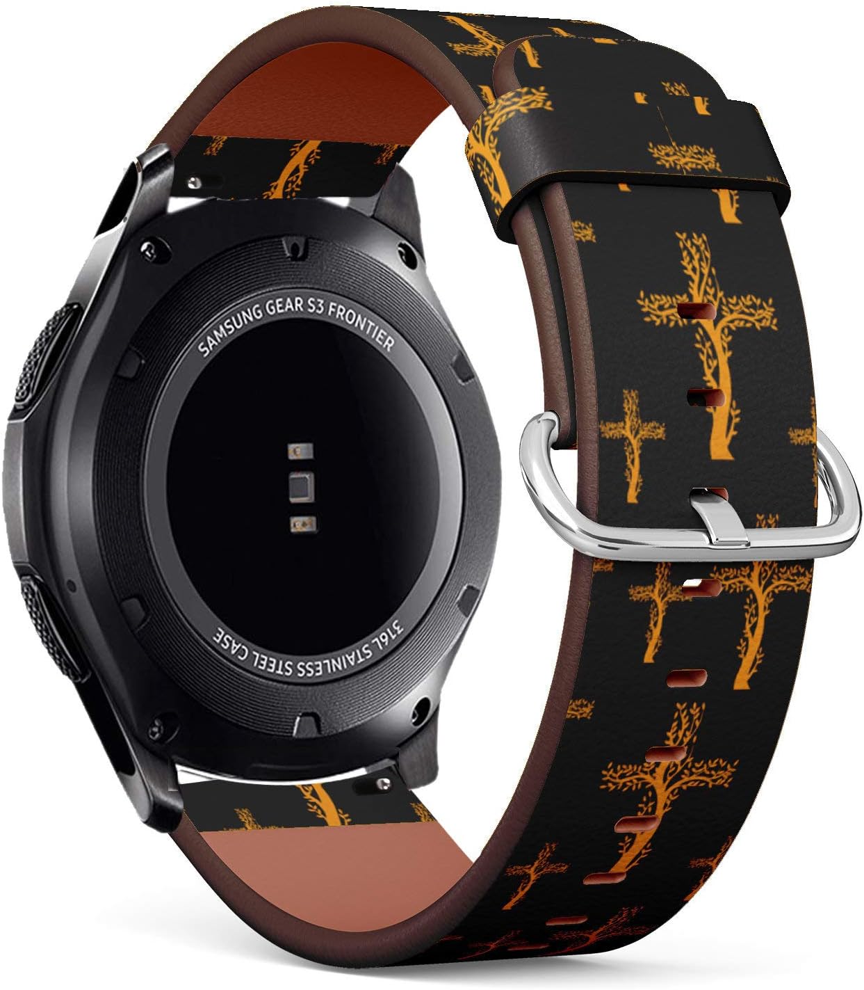 Gold Christian Cross in The Form of Tree - Patterned Leather Wristband Strap Compatible with Samsung Gear S3 Frontier