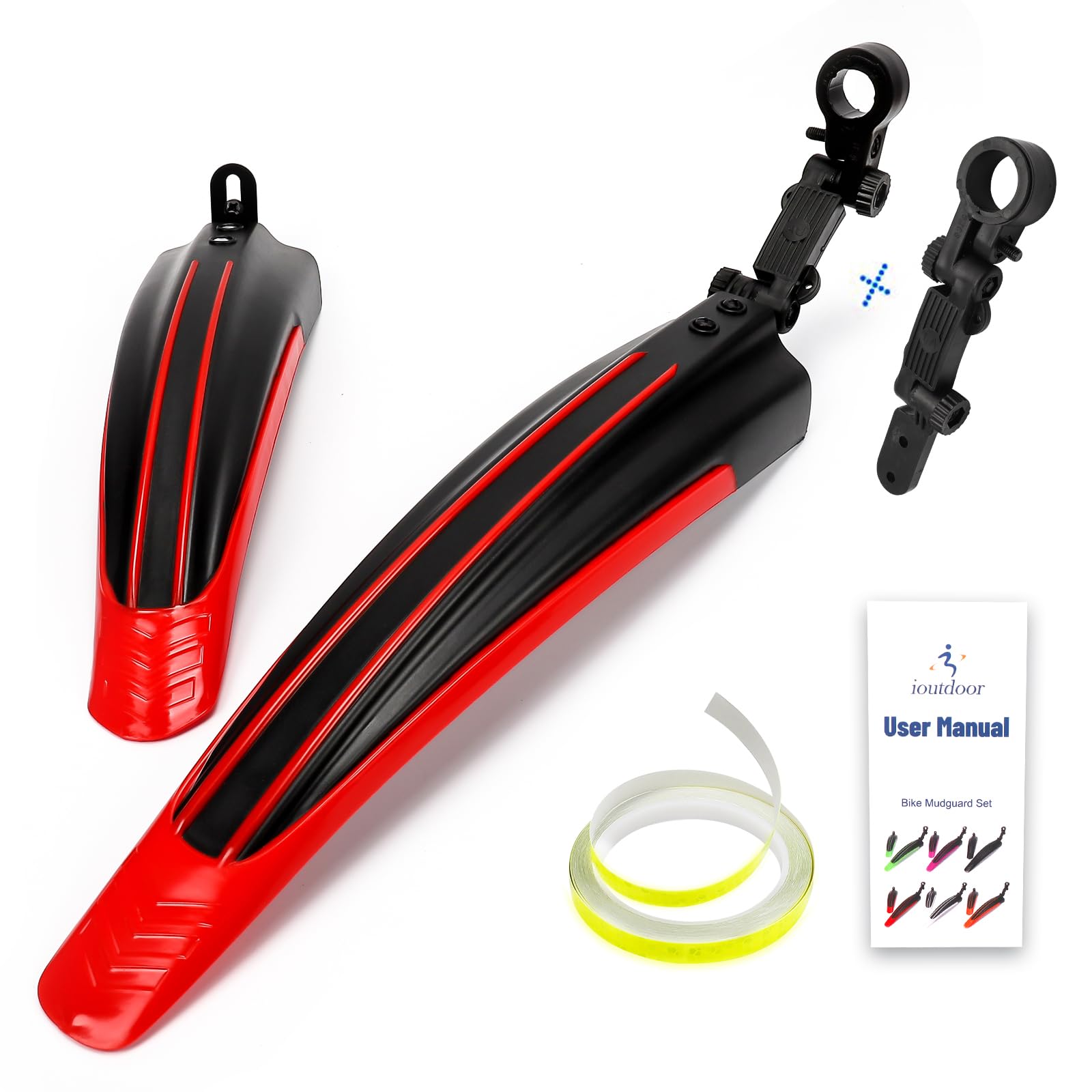 ioutdoor Bike Mudguard Set with 27ft DIY Reflective Tape, Bike Fenders Set Adjustable,Bicycle Front Rear Mud Guard Fits for 20",22",24",26",27",28" MTB Mountain Road Bike Cycling (Black Red) — image 1