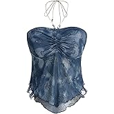 Floerns Women's Beaded Halter Ruched Lettuce Trim Ruched Cami Crop Tube Top