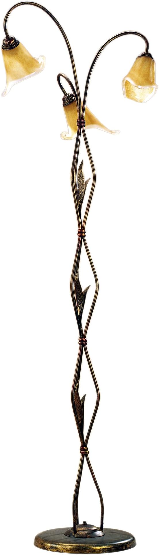 ONLI - Floor Lamp Alga 3 x E14. Brown Metal with Gold Shades, lampshades in Ivory and Amber Coloured Glass. Traditional, Rustic, Classic Style. Lighting for Bedroom, Living Room