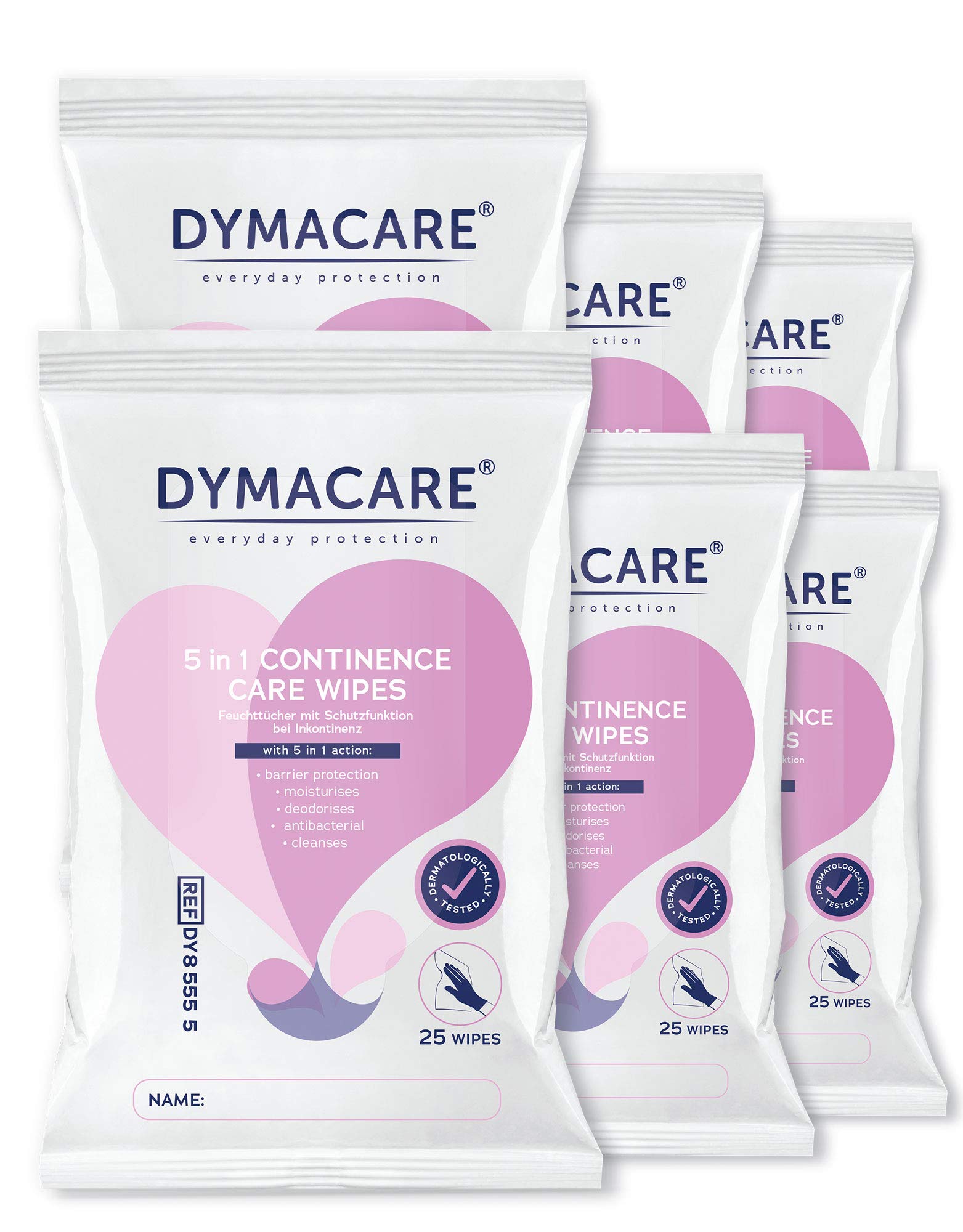 Dymacare 5 in 1 Continence Care Wipes | Adult Scented Premium Disposable Incontinence Cloths | 6 Packs (150 Wipes in Total)