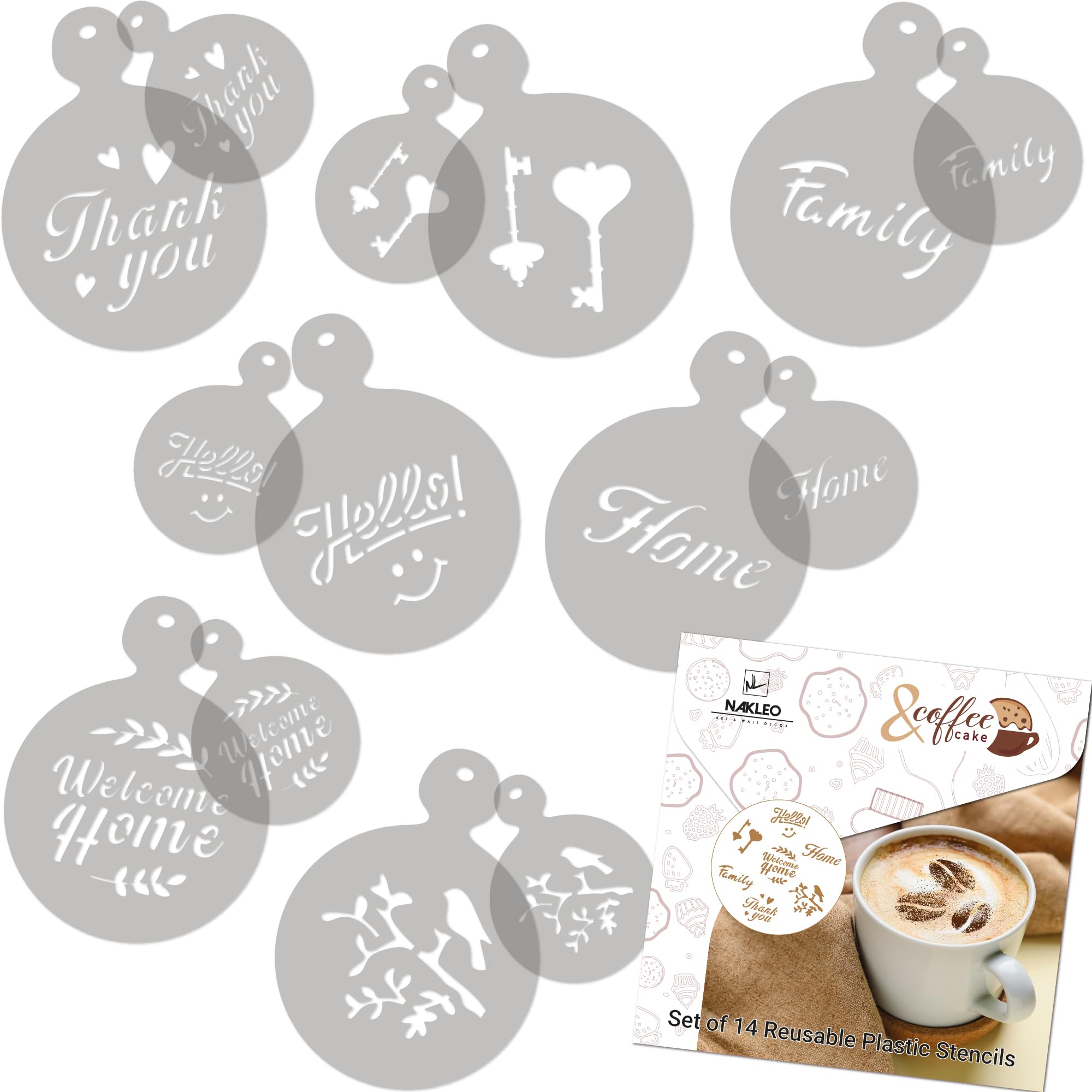 NAKLEO Coffee Stencils and Cookies Decoration 14Pcs 7x7 and 11x11cm, Reusable Plastic Baking Templates, Family Welcome Home, Barista DIY Art Craft, Capuccino Latte Chocolate Cake Biscuit Kitchen