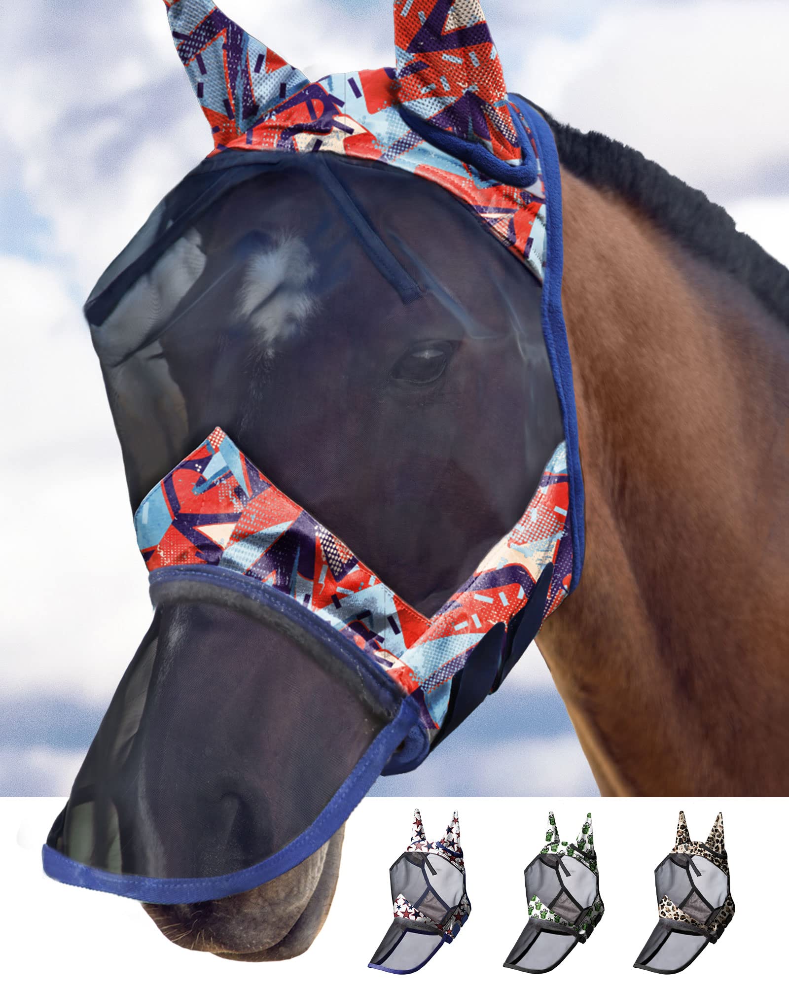 Harrison Howard LumiVista Horse Fly Mask Long Nose with Ears UV Protection for Horse-Abstract Graffiti Extra Full