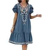 LauraKlein Summer Floral Embroidered Dress for Women Mexican Ruffled Sleeve Boho Women Dresses Peasant Casual Dress
