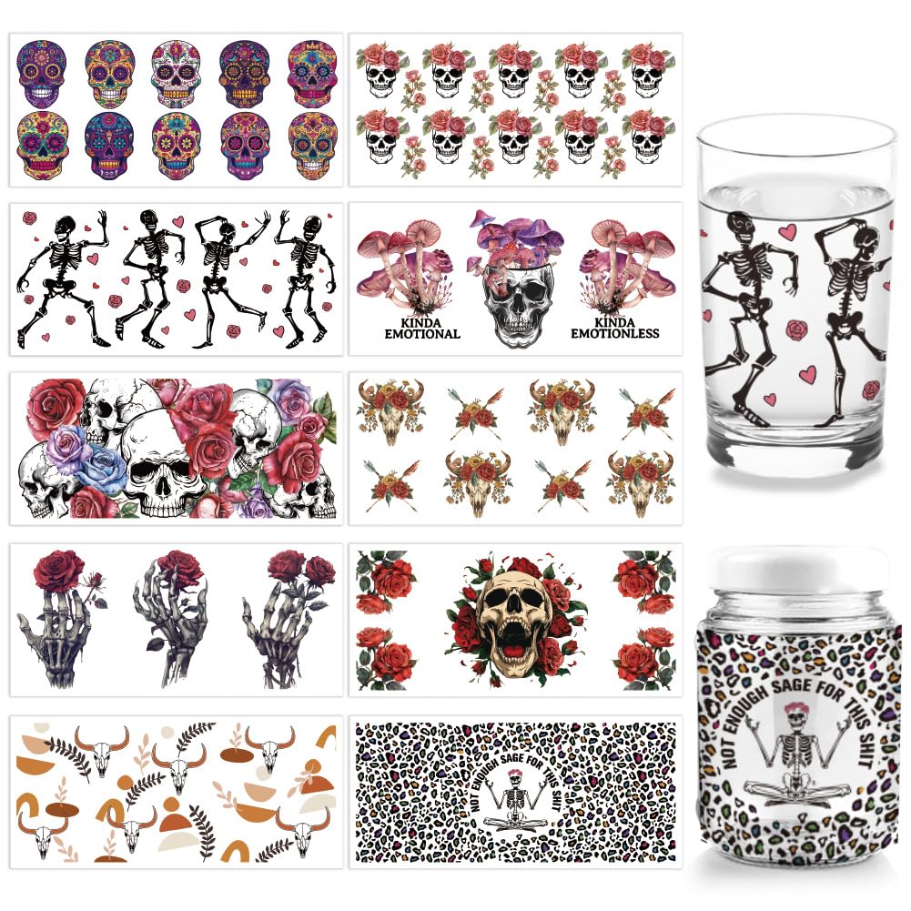 arricraft 10 Sheets UV DTF Cup Wrap, 10 Styles Skull Hand Cow Skull Flowers Pattern Rub on Transfers PVC Transfer Stickers Waterproof Rub Decals for DIY Glass Cups Furniture Wood