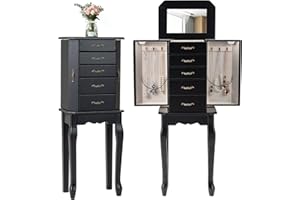 CHARMAID Standing Jewelry Armoire with Flip Top Mirror, Top Storage Tray, 4 Drawers, 2 Side Doors with Necklace Hooks, Vintag