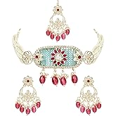 I Jewels Gold Plated Indian Wedding Bollywood White Tumble Studded Pearl Beaded Polki Kundan Choker Necklace Set for Women